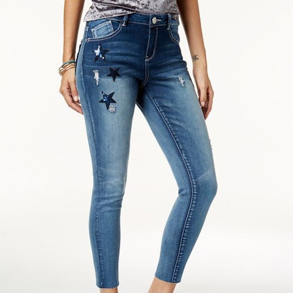 REWIND Sequin Star-Patch Raw-Hem Skinny Jeans